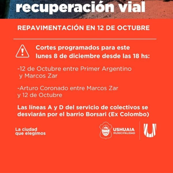 Cierre de calles en Ushuaia por obras en 12 de Octubre